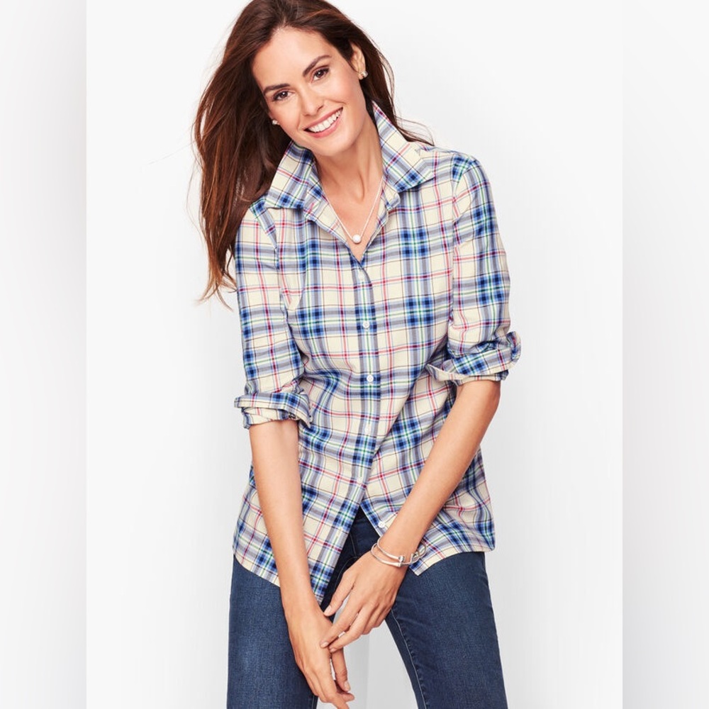 Talbots L Enchanted Blue Plaid Classic Cotton Button Down Shirt